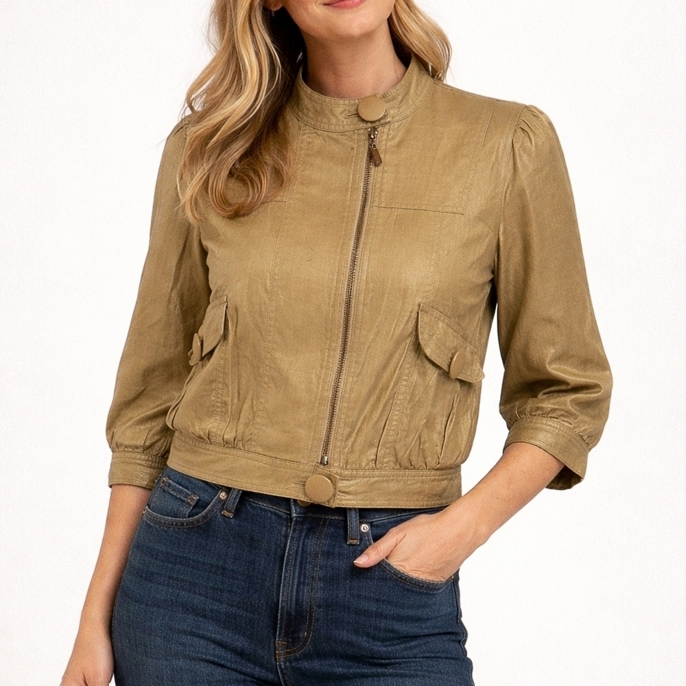 VTG JOLT 1990s Metallic Gold Half Sleeve Cropped Moto Linen Baddie Shacket